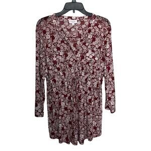 Siren Lily Maternity | Burgundy Red Floral Tunic Top XL Semi Sheer Tie Waist